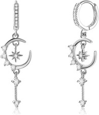 Star and Moon Earrings Dangle Hoop Earrings for Women Huggie with Cubic Zirconia