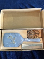 1940's or 50's Blue Hand Painted Baby Brush  Comb-Boxed Gift Set