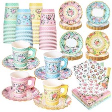 180 Pcs Floral Paper Tea Cups and Plates 9 OZ Disposable Paper TeaCups and Sa...
