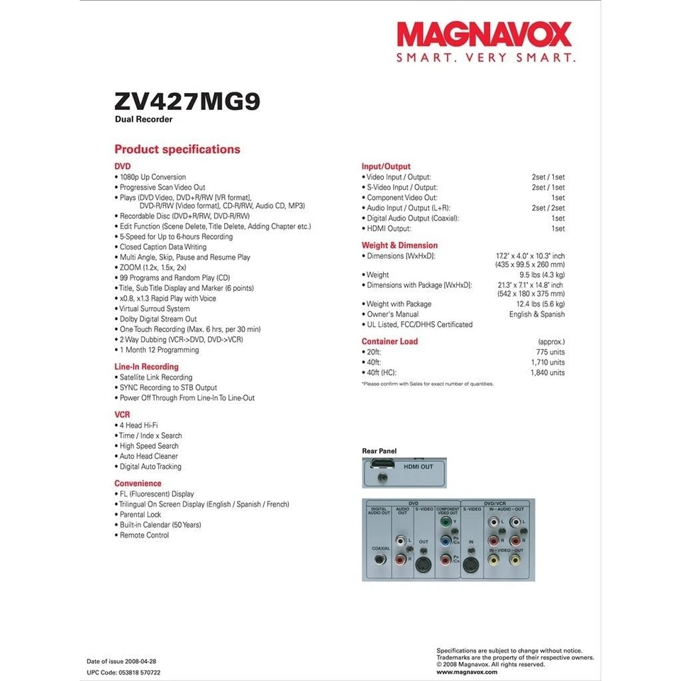 Magnavox ZV427MG9 DVD Recorder / VCR with Line-In Recording (No Tuner) - Image 2 of 4