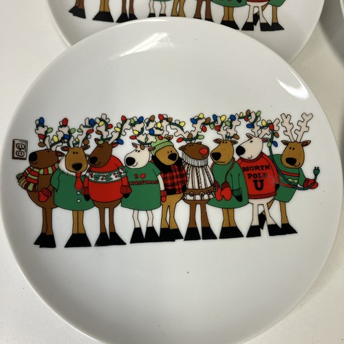 Vintage Cost Plus North Pole University Christmas Reindeer Salad Plates 6 Total - Picture 2 of 6