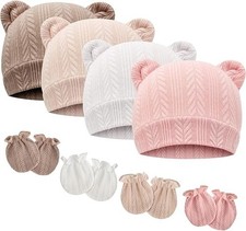 Newborn Baby Hats Bear Ears and Mittens Sets Set a - Wheat Patterned