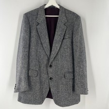 VTG Harris Tweed Wool Blazer Sport Coat Light Grey Herringbone Slim Fit Sz 46 R