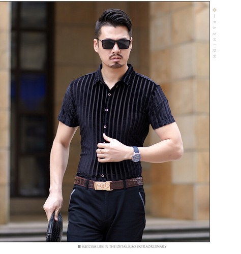 Hombres Calce Ajustado Rayas Manga Corta Negocios Informales Camisas Alta Calidad Hermosas - Imagen 2 de 6