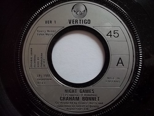 GRAHAM BONNET: Night Games 7" Vinyl Single 1st Pressing Near Mint Vertigo VER 1