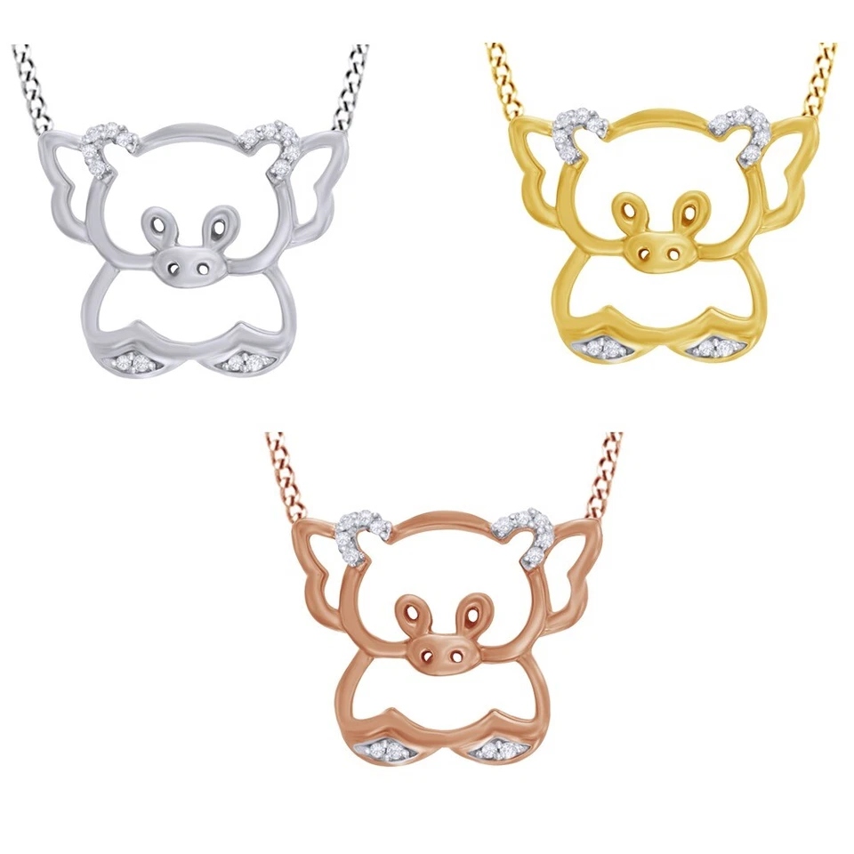 Collar Colgante Cerdo Con Alas Oro Sólido 10K Diamante Natural Corte Redondo Foto 2 de 4