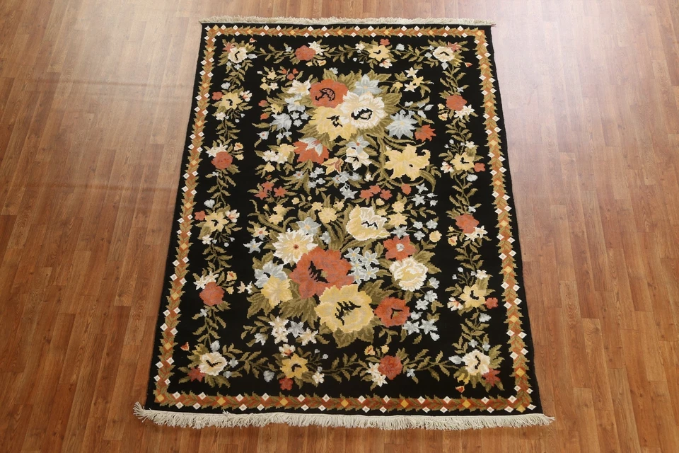 Wool/ Silk Floral Aubusson Oriental 6'x8' Area Rug Vegetable Dye Hand-knotted - Image 2 of 4
