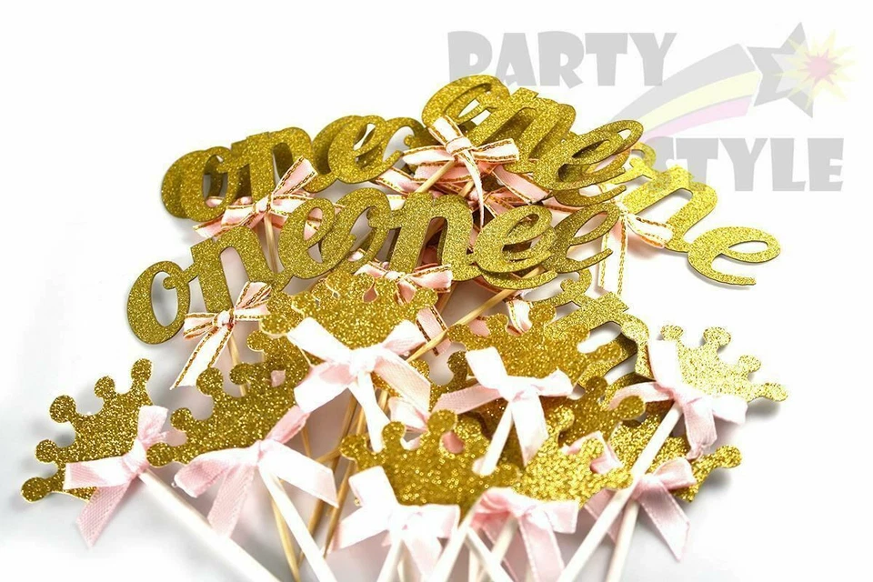 Toppers de cupcakes dorados brillantes 24 piezas arco rosa para niña bebé fiesta de primer cumpleaños Foto 3 de 4
