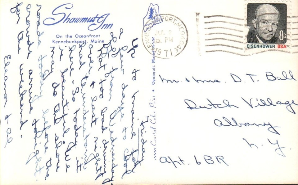 Postcard Shawmut Inn, Oceanfront, Kennebunkport, Maine Posted 1971