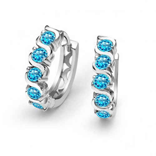 Ladies Stylish 14K Solid Gold Prong Set Blue Topaz Wave Huggie Drop Earrings - Picture 2 of 3