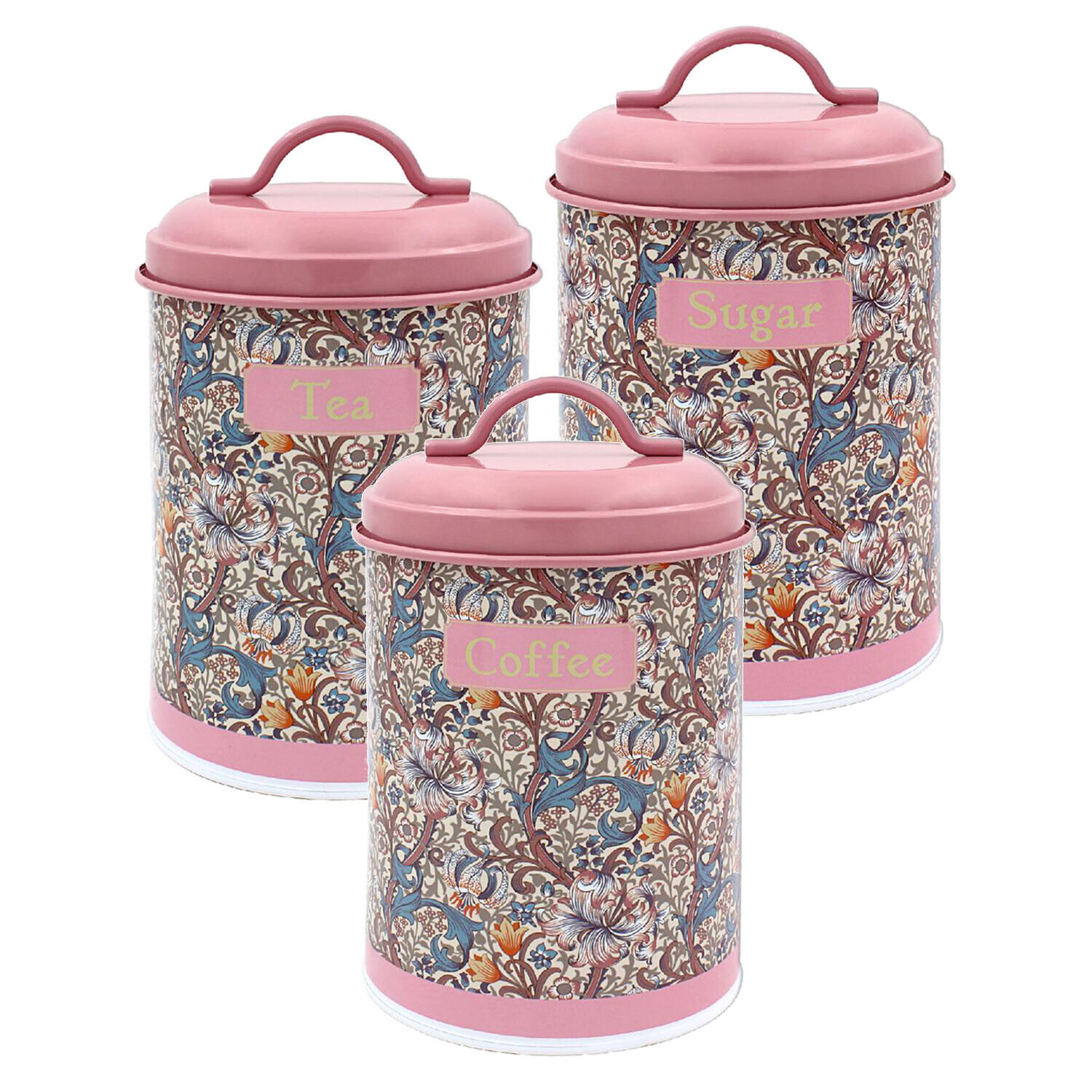 Pink Floral Print Styled Tin Tea Coffee & Sugar Jars