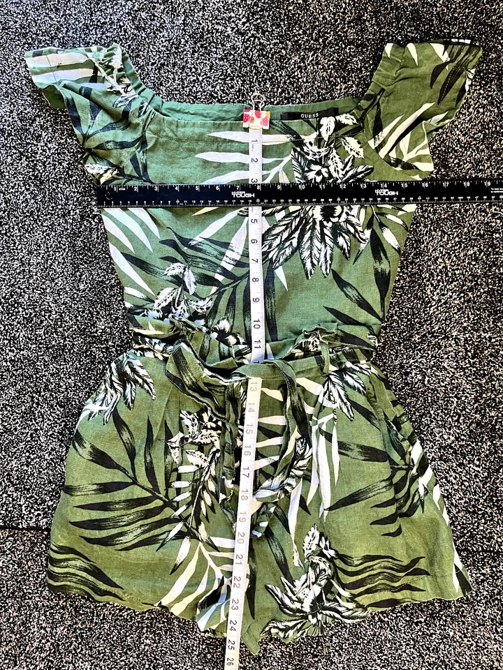 Women's Guess Size 2 Dark Green Tropical Floral Romper Off The Shoulder Cotton - Image 3 of 4