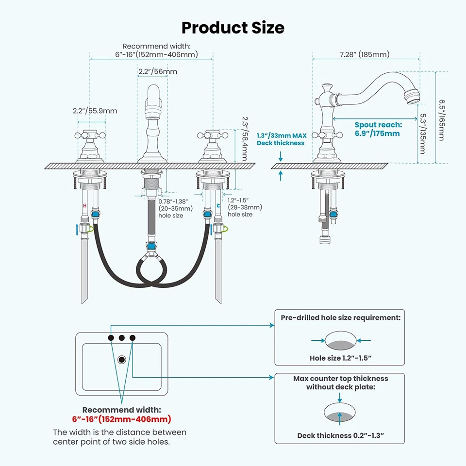 Widespread Bathroom Sink Faucet 3 Hole Vanity 2 Handle Basin Waterfall Mixer Tap - Image 2 of 2
