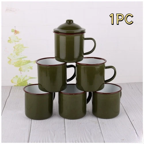 Armygreen Enamel Mug Vintage Travel Camping Tea Cup with Lid Drinkware - Imagen 3 de 7