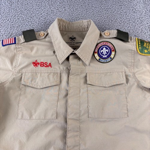 Boy Scouts of America BSA Youth Shirt Tan Large Vented Microfiber Sewn Patches - Picture 2 of 8