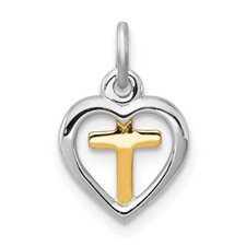 .925 Sterling Silver Rhodium Plated Vermeil Cross in Heart Charm Kids Pendant