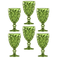 SET OF 6 Olive Green Goblet Wine Glasses 11 fl oz Faceted Wine Glasses