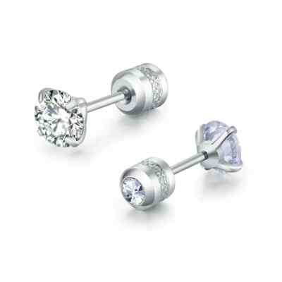 2PCS Silver Stainless Steel Round CZ Earrings Screw Back Ear