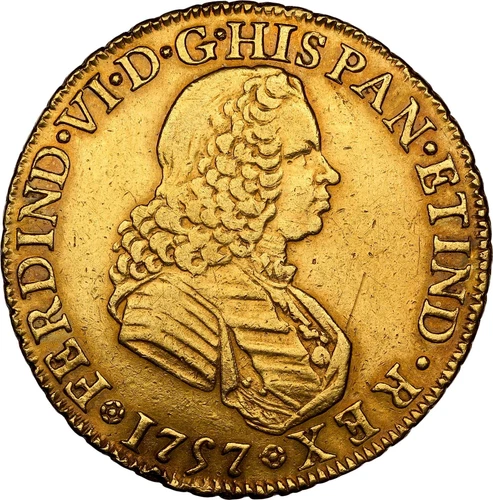 Mexico 4 Escudos Mo 1757 M.M Ferdinand VI NGC AU Details, Cleaned. KM# 139. Rare