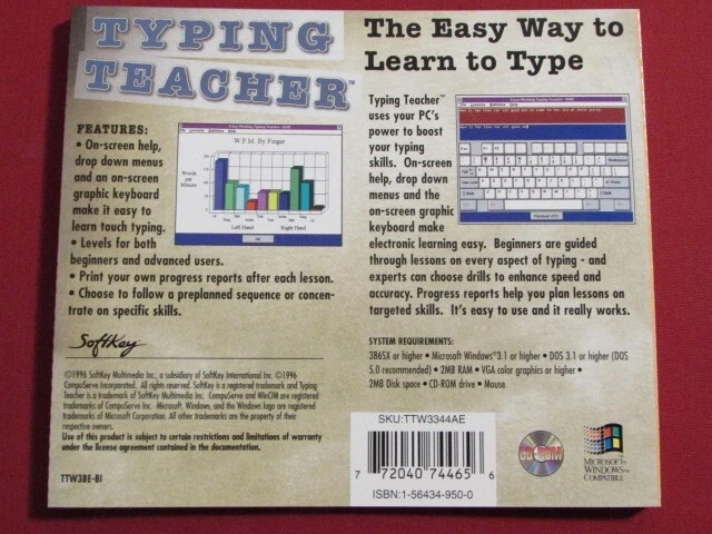SOFTKEY TYPING TEACHER 1996 CD ROM FOR WINDOWS 3.1 & 95 TTW344BE-CD VG+++++ OOP - Image 4 of 4