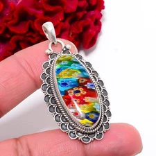 Millefiori Murano Glass Designer Handmade 925 Sterling Silver Pendant 2.15" P964