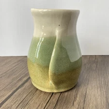 Rowe Pottery Hand Warmer Mug Cup Green Ombre Tan Stamped Bottom Stoneware