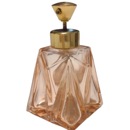 Vintage Pink Glass Art Deco Geometric Perfume Bottle Gold Brass Pump 3.5"