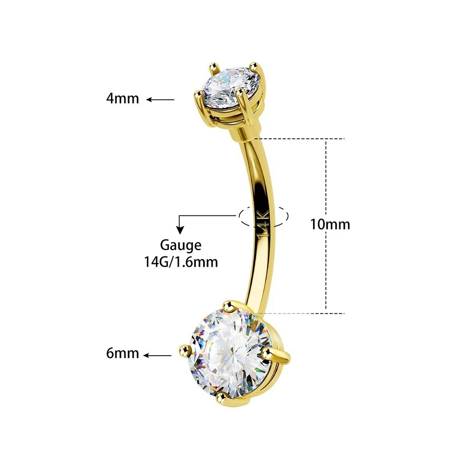 Anillo ombligo barra curva anillo ombligo 14G oro 14K circón 14G 10 mm piercing corporal Foto 2 de 4