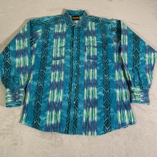 Vintage Panhandle Slim Shirt Mens Large Teal Lime Aztec Western Pearl Snap LS