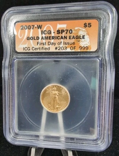 2007 W BURNISHED $5 GOLD AMERICAN EAGLE 1/10oz ICG SP70 FDOI #7259