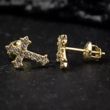 1 CT Round Cut Moissanite Men Cross Stud Earrings 14k Yellow Gold Plated Silver