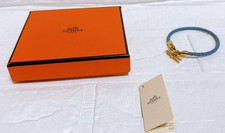 Hermes Braided Bracelet Bangle Blue Leather Gold Hardware Length 19cm Accessory