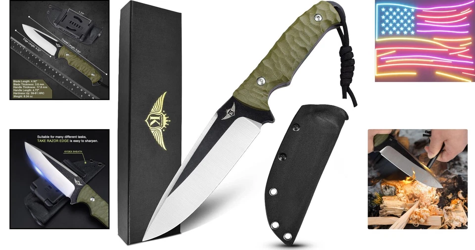 Versátil cuchillo de hoja fija de 9,64" - acero D2, mango verde G10, listo para exteriores Foto 2 de 4