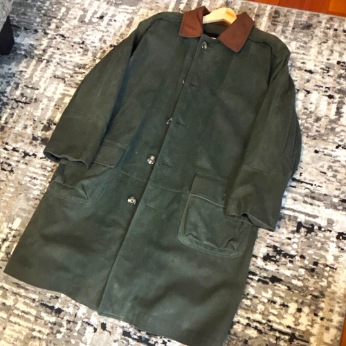 ANDRE Creations de Cuir Men's 40 Green Leather Long Overcoat Brown Collar - product listing photo