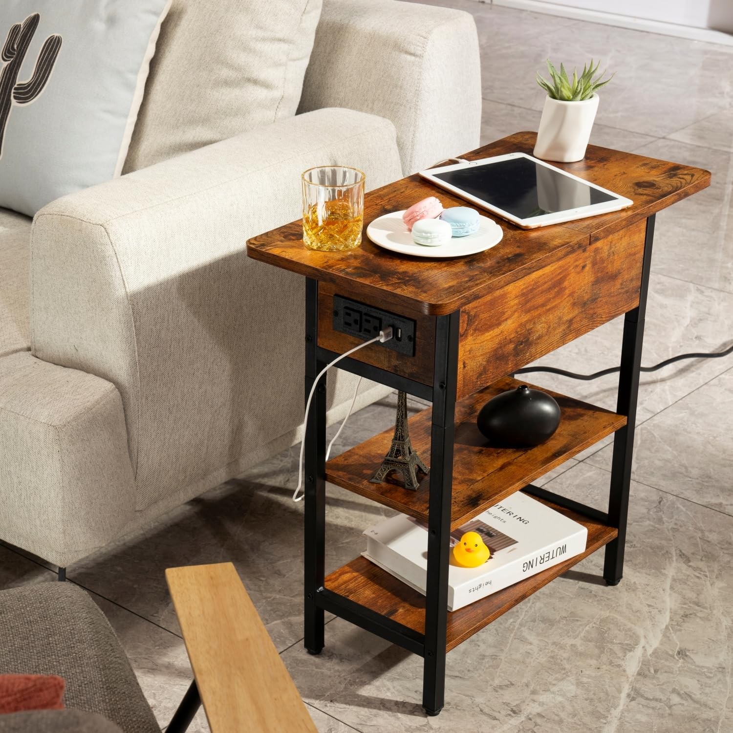 End Table with Charging Station, USB & Outlets, Flip Top Side Table with Storage