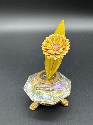 Vintage Hand Painted Metal Enamel Yellow Flower Claw Footed Glass Vase