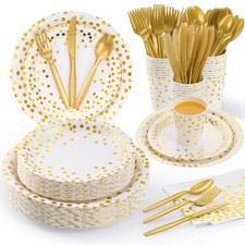 White and Gold Dot Paper Plates Set Party Supplies, Disposable Dinnerware