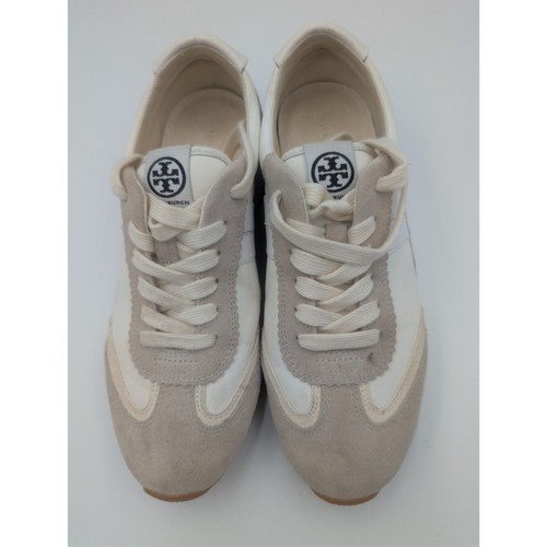 Tory Burch Women's 7M Beige Taupe White Leather Sneakers Gum Sole