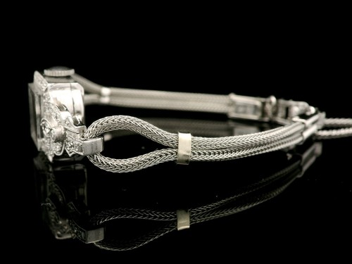 Antico orologio da polso Art Deco Hamilton platino diamanti bracciale maglia oro bianco - Foto 10 di 12