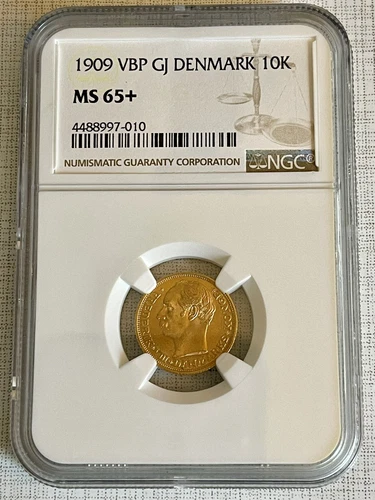 Denmark 1909 VBP GJ 10 Kroner Gold NGC MS65+ Sku# 6822
