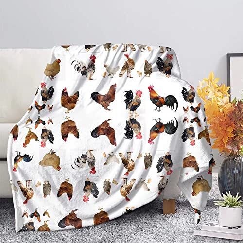 Chicken Printed Super Soft Fuzzy Faux Fur Reversible Flannel Throw Blanket For S - Picture 1 of 8