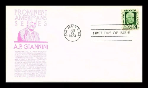 BANK OF AMERICA FOUNDER ITALIAN AMADEO GIANNINI  1973 ANDERSON CACHET FDC UNADDR