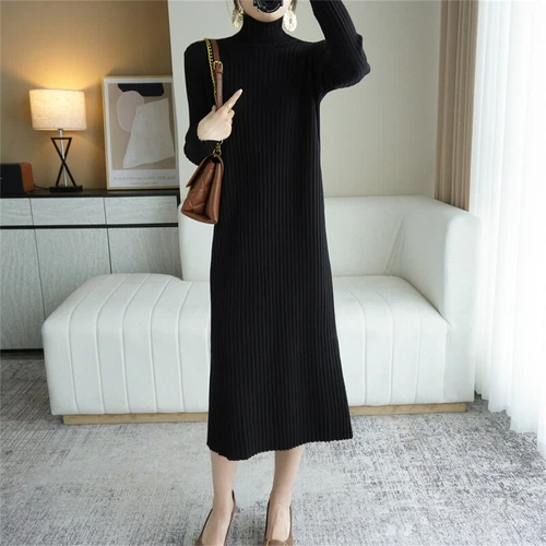 Lady Midi Knitted Dress High Neck Jumper Dress Long Sleeve Baggy Sweater Winter - Picture 7 of 18