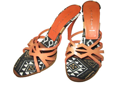 Casadei Open Toe Coral Aztec Print Sandals Size 6B US Stiletto Heels Shoes