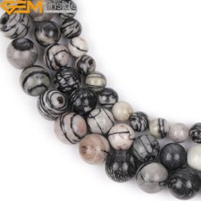 Natural Black Web Picasso Jasper Round Beads For Girl Jewelry Making Strand 15''
