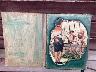 Unique Antique Wood Frame Tray Puzzle Children Going Fishing e.1900's w Box  