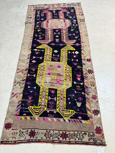 Oriental Hand-Knotted Wool Runner Turkish Oushak Navy Blue/Ivory/Pink 4' x 8'3"