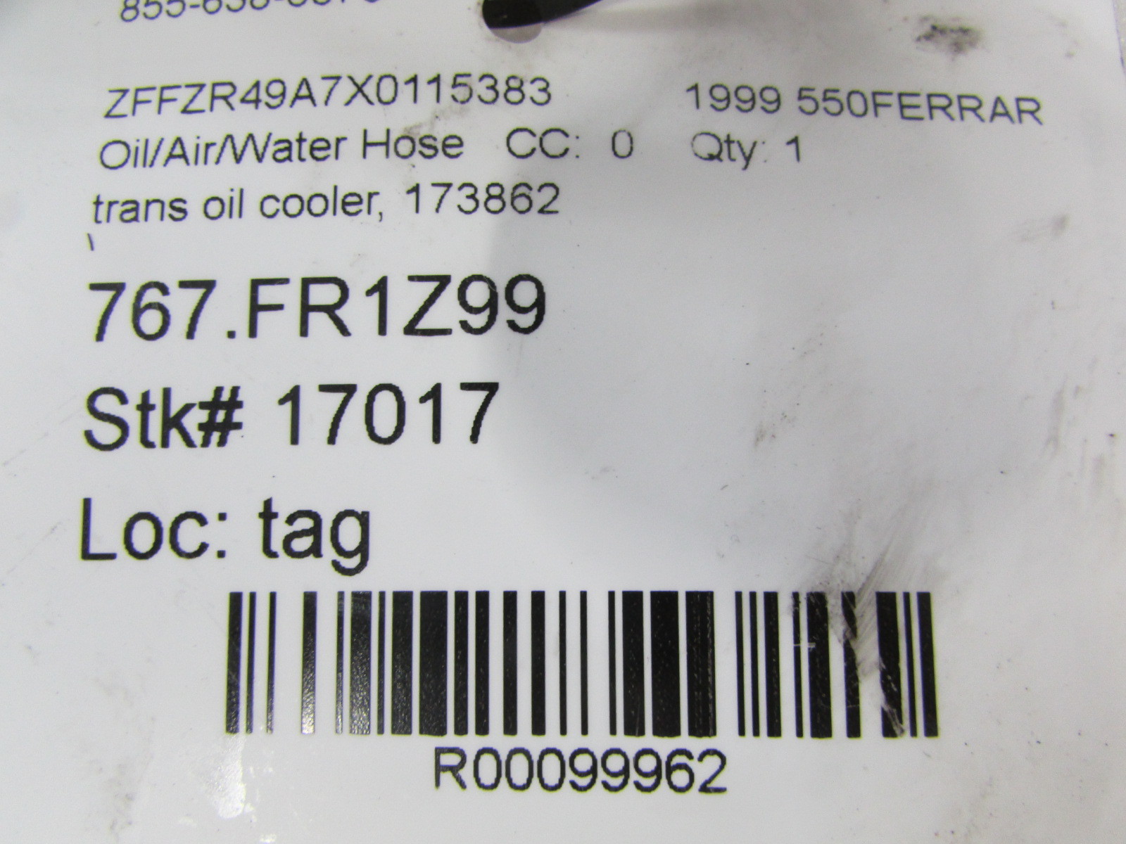 Ferrari 550, Transmission Oil Cooler Delivery Hose, Used, P/N 173862