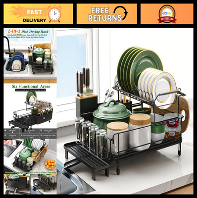 Large Dish Drying Rack with Drainboard - 2-Tier Stainless Steel, Anti-Rust, Over