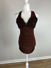 Y2K S Brown Halter Dress Bodycon Mini Ruched Ruffle Festival Rave Grunge Small